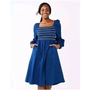 Draper James RSVP Smocked Puff Long Sleeve Prairie Midi Dress Women Medium Blue